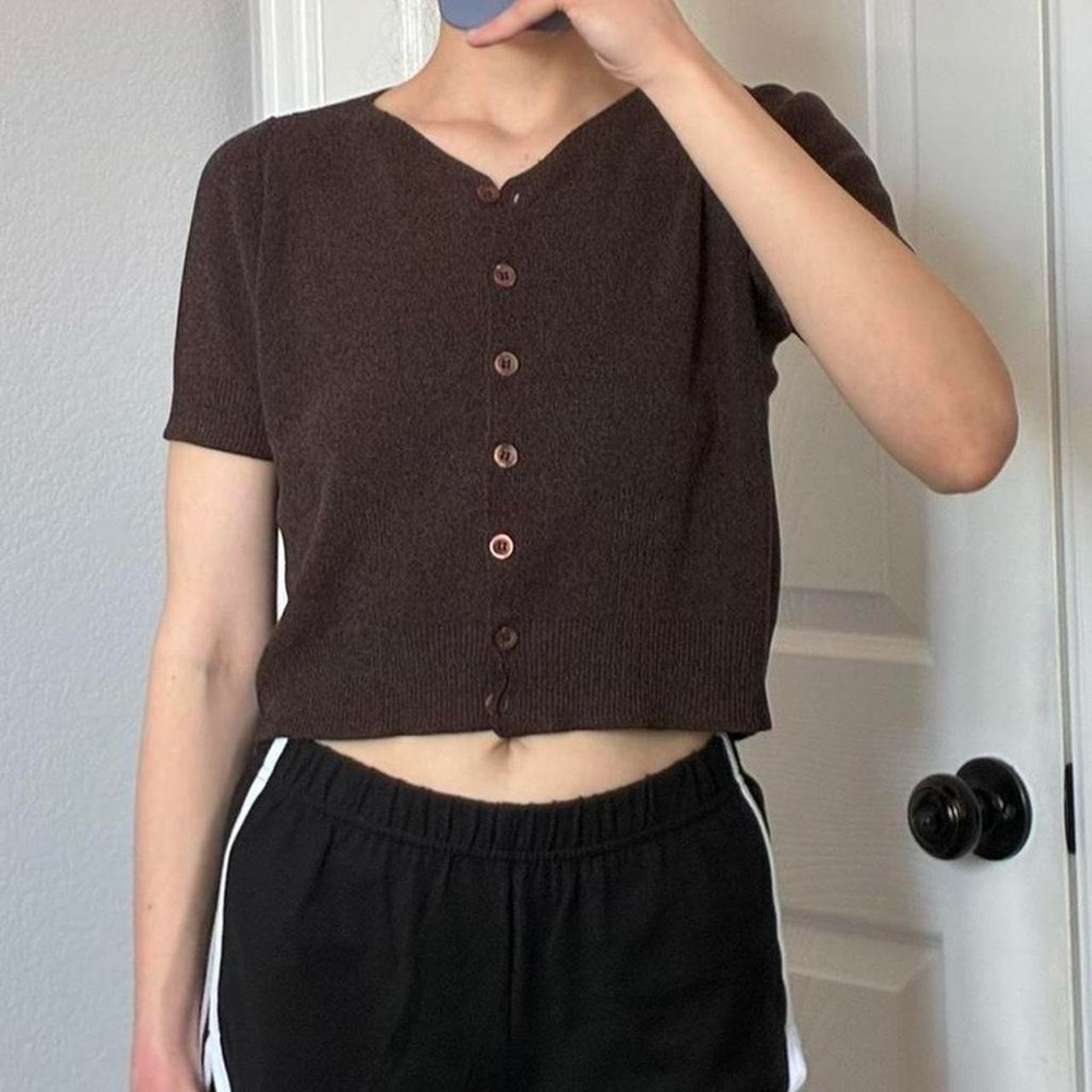 Dana Buchman Brown Short-Sleeve Button Crop Top